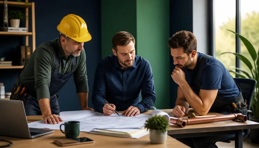 Builder, electrician and plumber reviewing plans together in a construction site office.