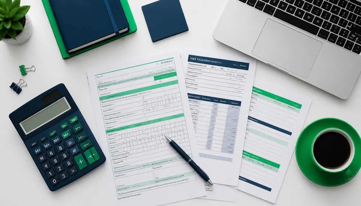 Tax documents, financial charts and a calculator prepared for a business tax review.