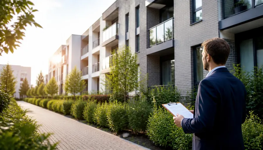 Landlord reviewing a modern residential apartment portfolio with a clipboard.