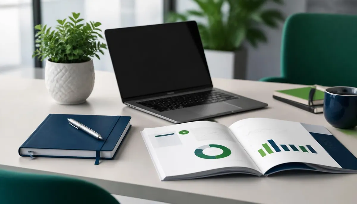 A clean desk with an open financial guide, notebook, laptop and coffee — the Beck Hill Ltd resources workspace.
