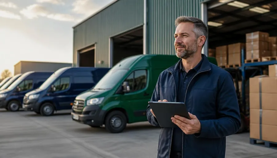 Fleet manager with a tablet in front of delivery vans at a logistics depot.