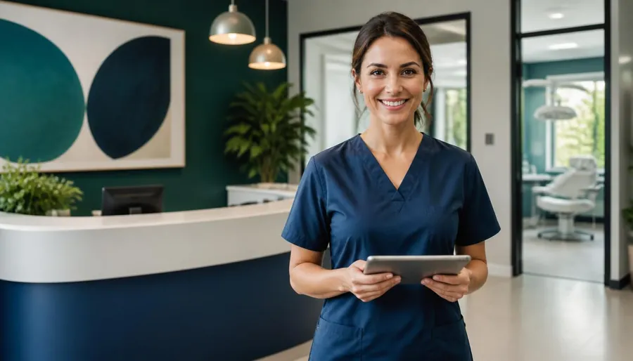 Medical professional in a modern clinic reception holding a tablet.
