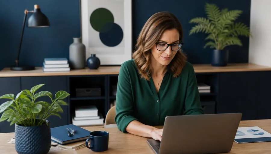 Creative freelancer working on a laptop in a modern home office.
