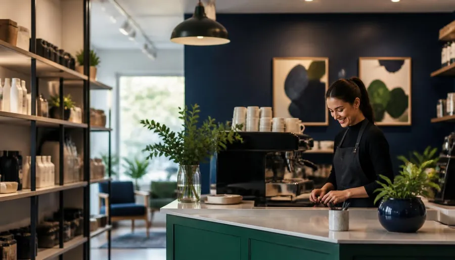 Independent cafe and retail shop interior with a barista at the counter.