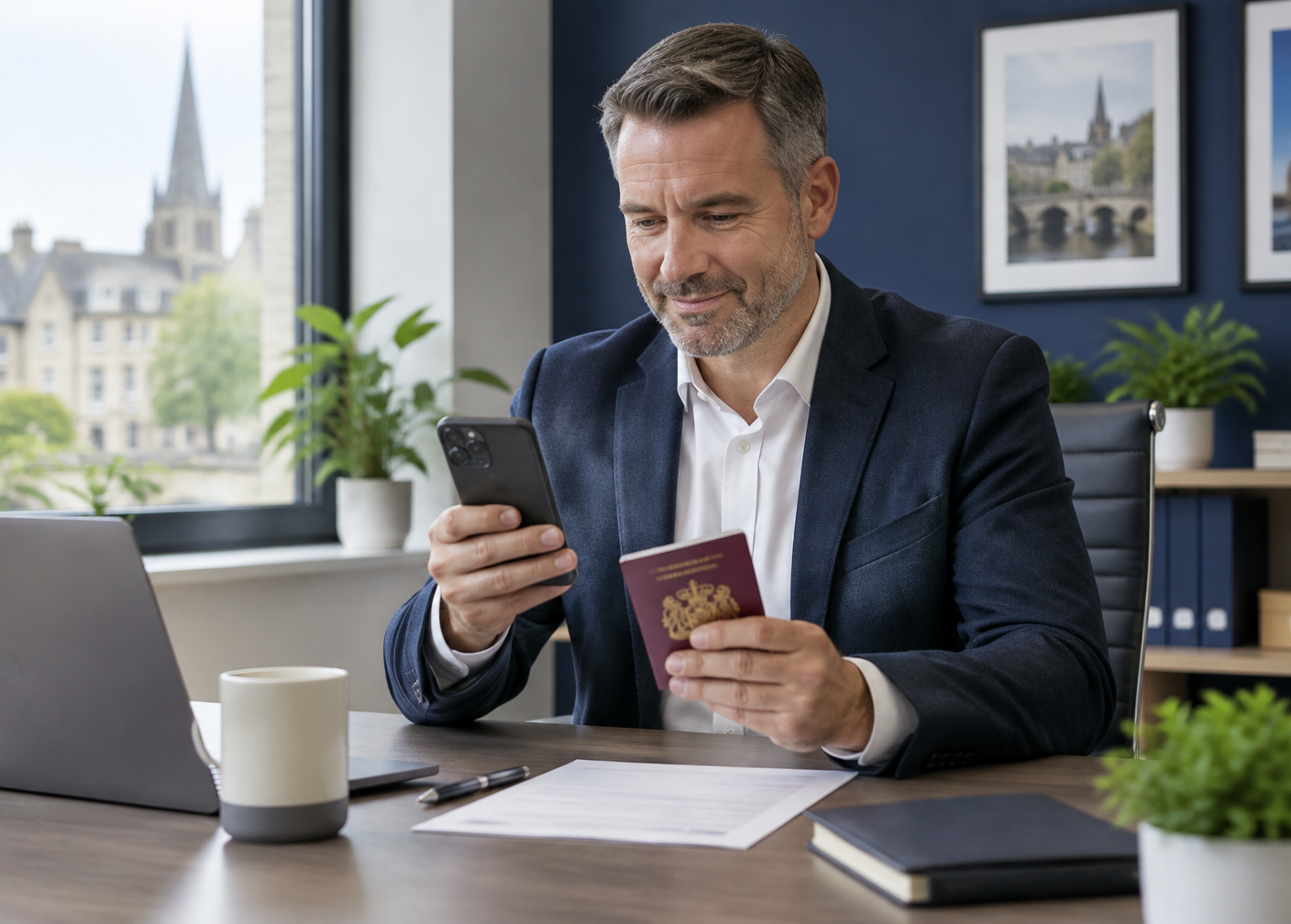 A company director completing a secure identity check using a passport and smartphone.